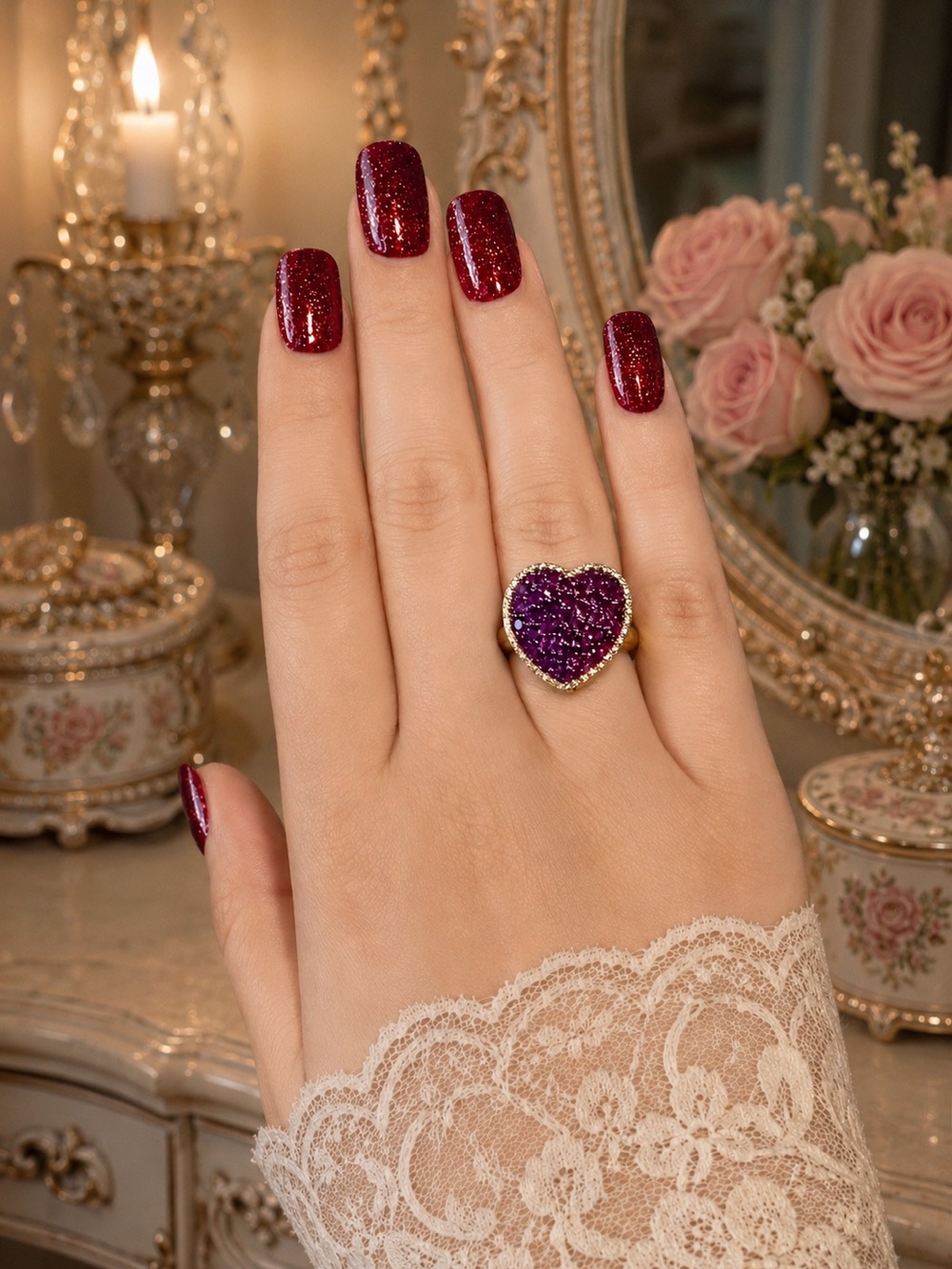 Purple African Amethyst Heart Ring Platinum over Sterling Silver size 10